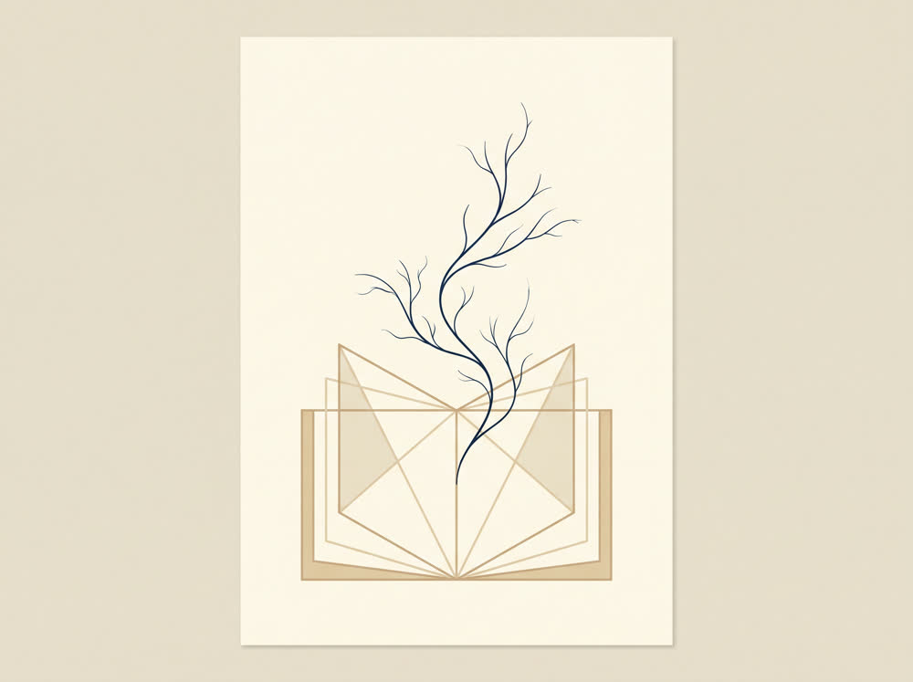 Abstract line illustration of an open book with a single branching line growing upward from its pages