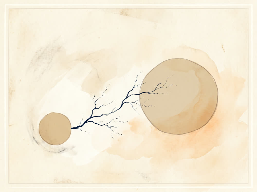 Abstract line illustration of two contained circles connected by a single branching line