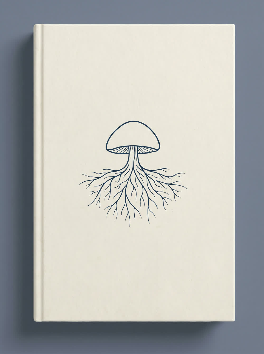 Minimalist book cover concept: a mushroom with a branching root network beneath it