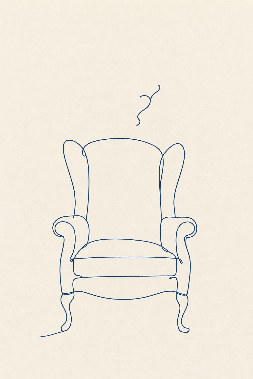 Minimalist book cover concept: a wingback armchair beneath a small skeptical curl of line, like a raised eyebrow