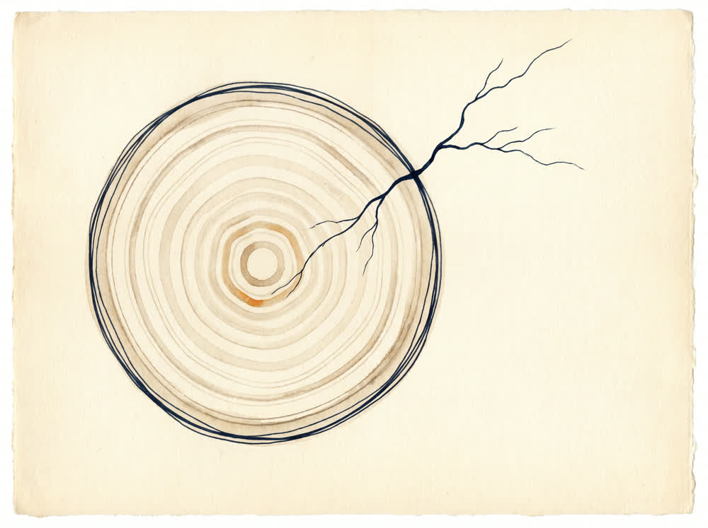 Abstract line illustration of a bounded circle with concentric ripple lines and one branching line escaping gently past its edge
