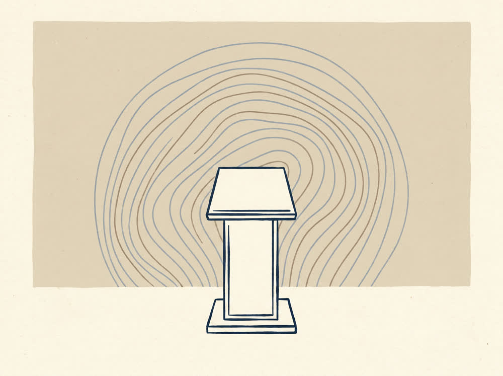 Abstract line illustration of a simple lectern with calm radiating lines behind it